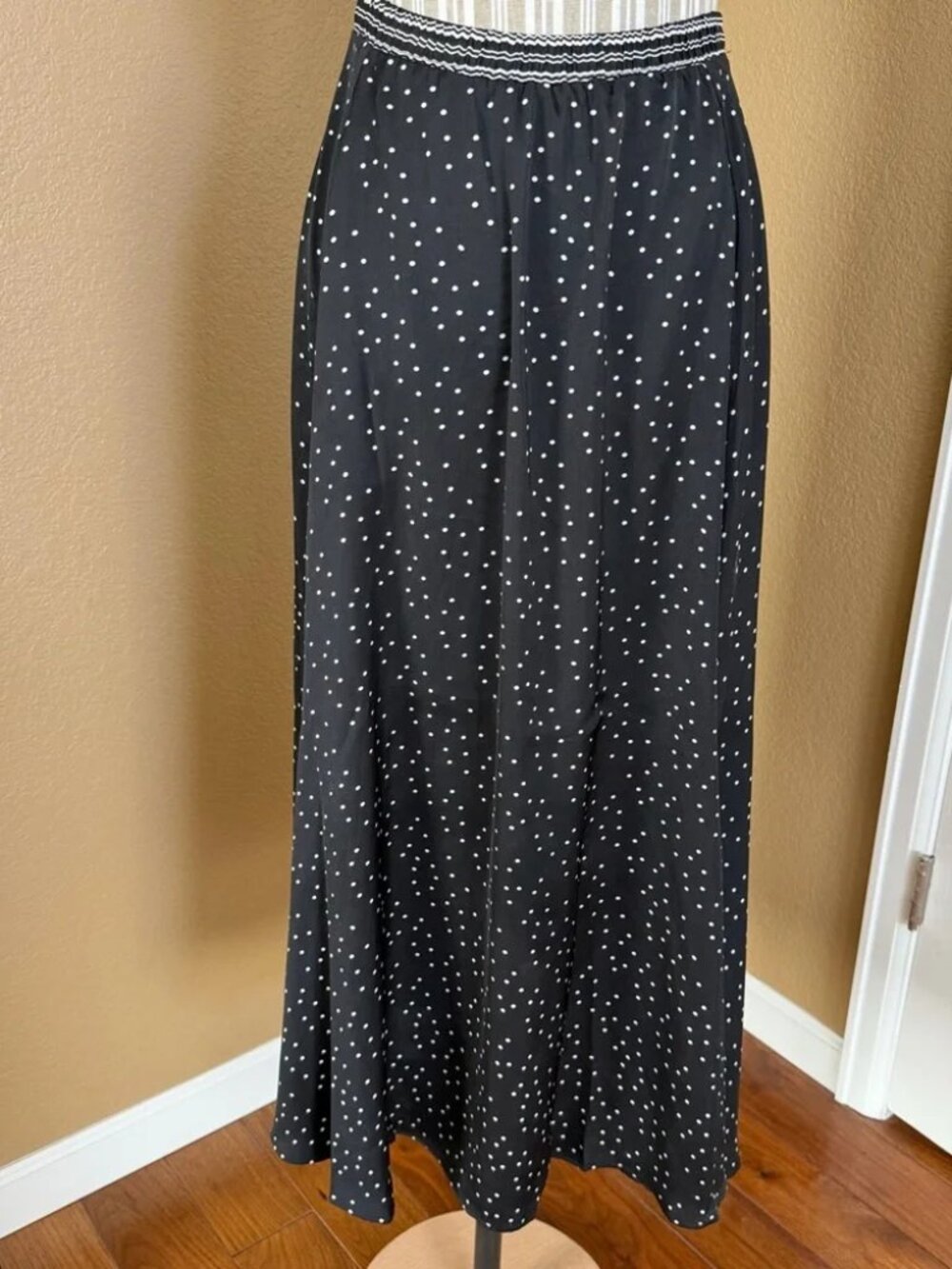 Max Studio Satin Midi Skirt Black with White Polka Dots Size S NWT